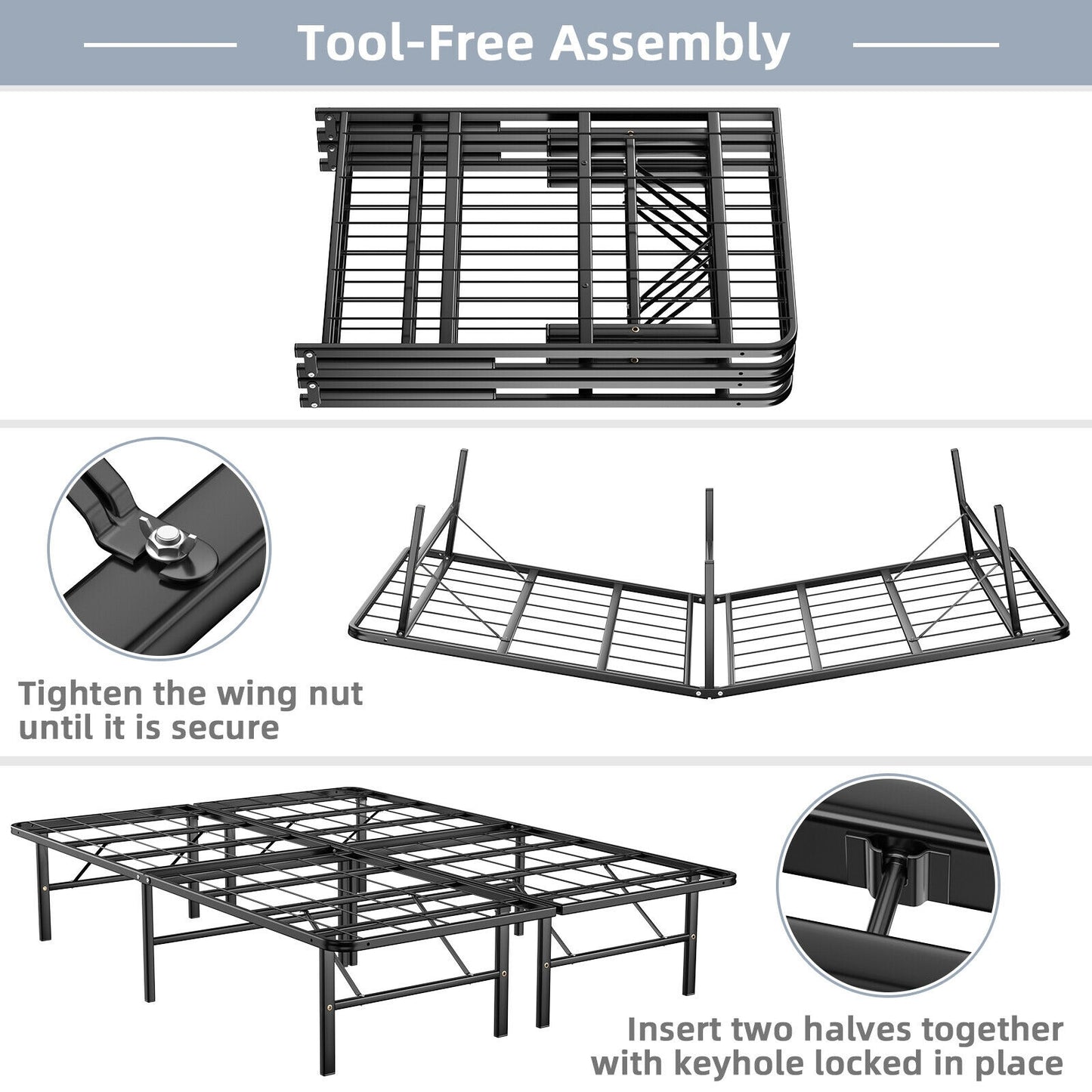 Twin/Full/Queen Size Foldable Metal Platform Bed with Tool-Free Assembly-Full Size, Black Simple Bed Frame at Gallery Canada
