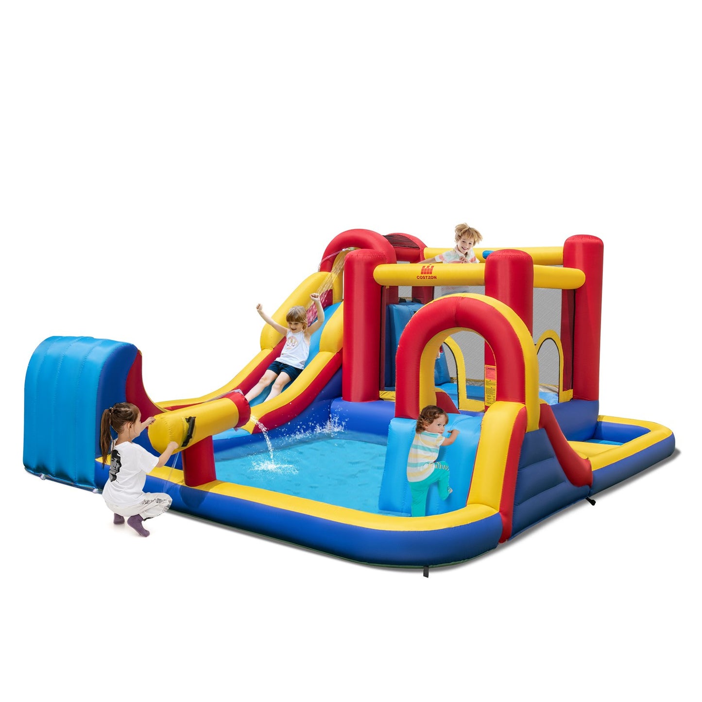7 in 1 Outdoor Inflatable Bounce House with Water Slides and Splash Pools with 950W Blower, Red