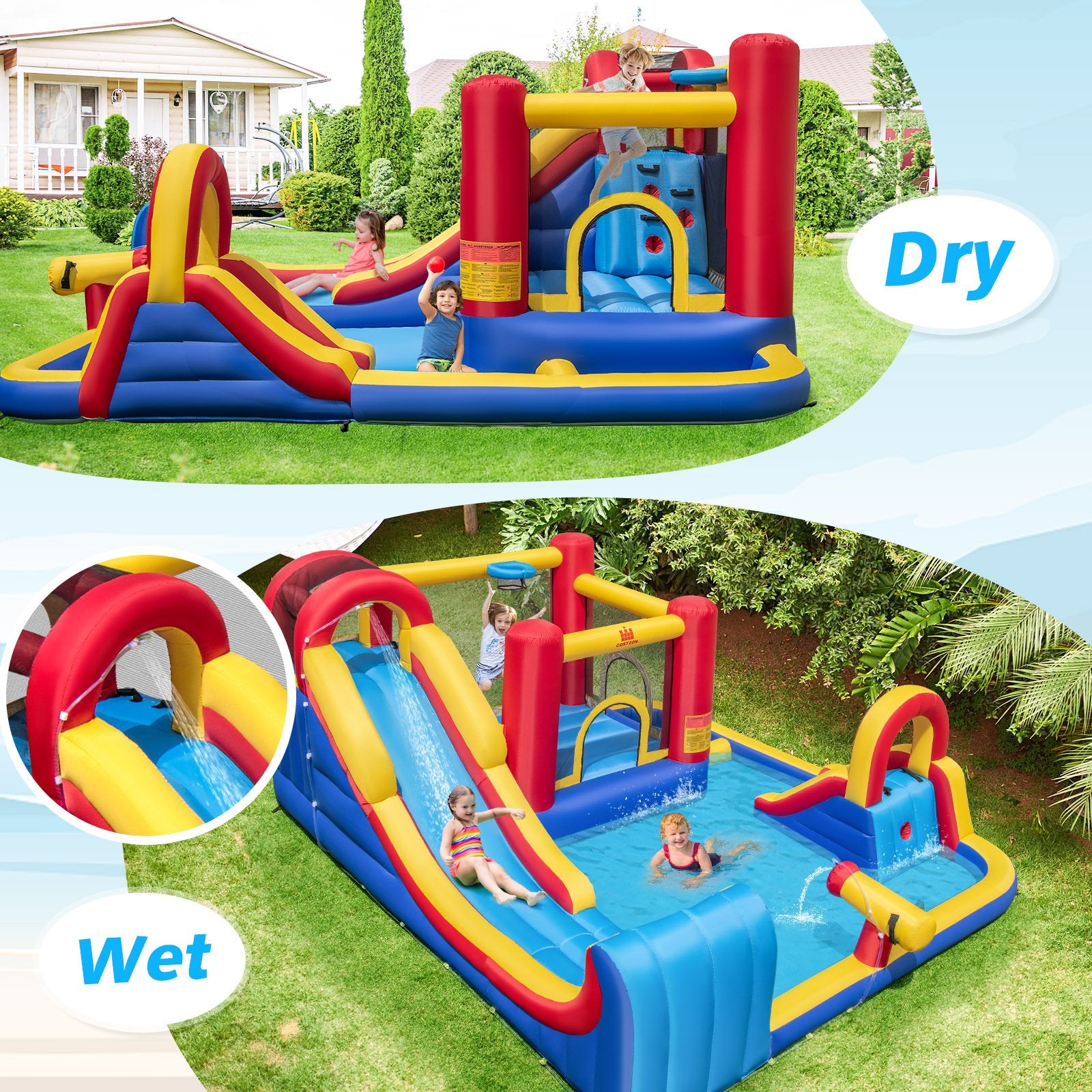 7 in 1 Outdoor Inflatable Bounce House with Water Slides and Splash Pools with 750W Blower, Red at Gallery Canada