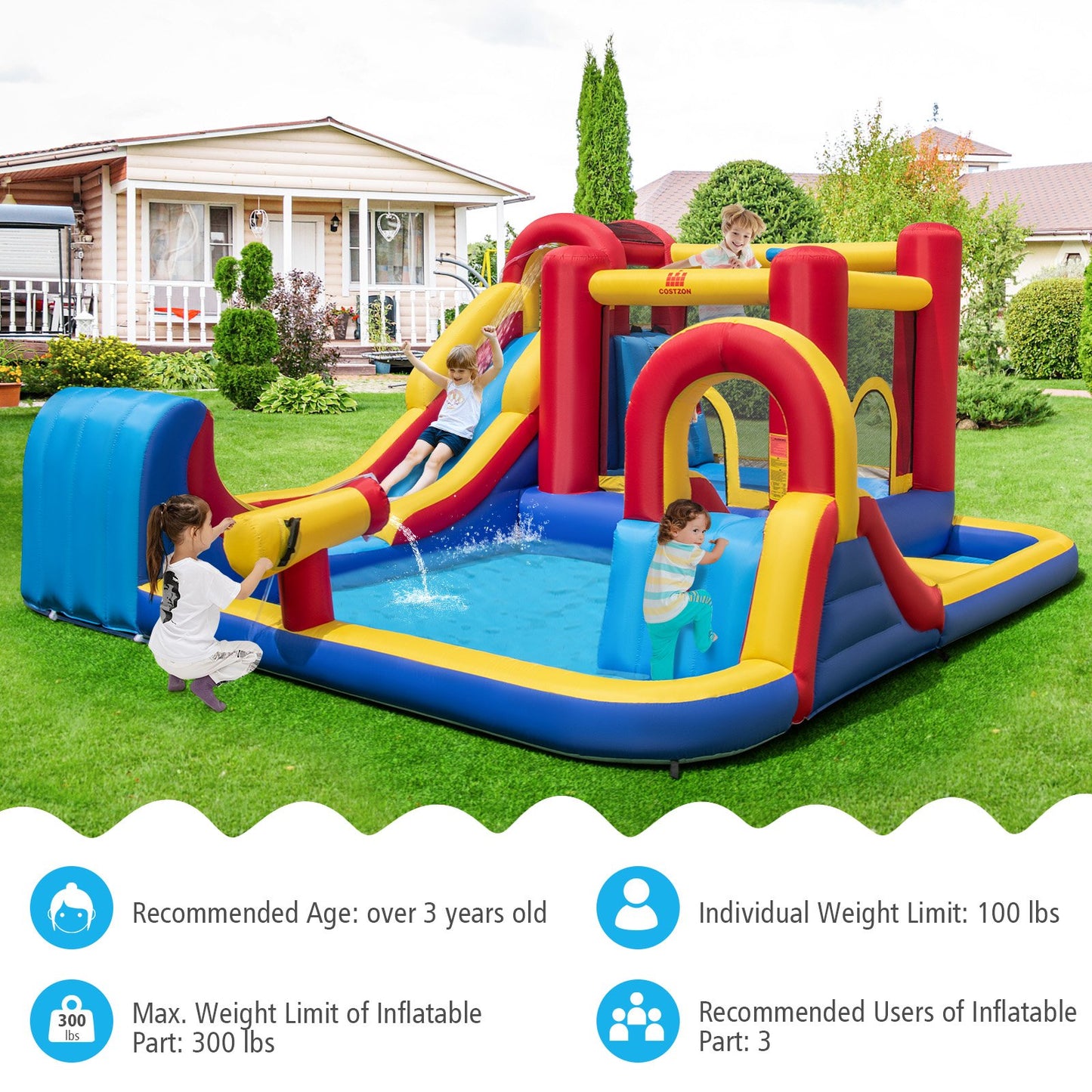 7 in 1 Outdoor Inflatable Bounce House with Water Slides and Splash Pools with 750W Blower, Red