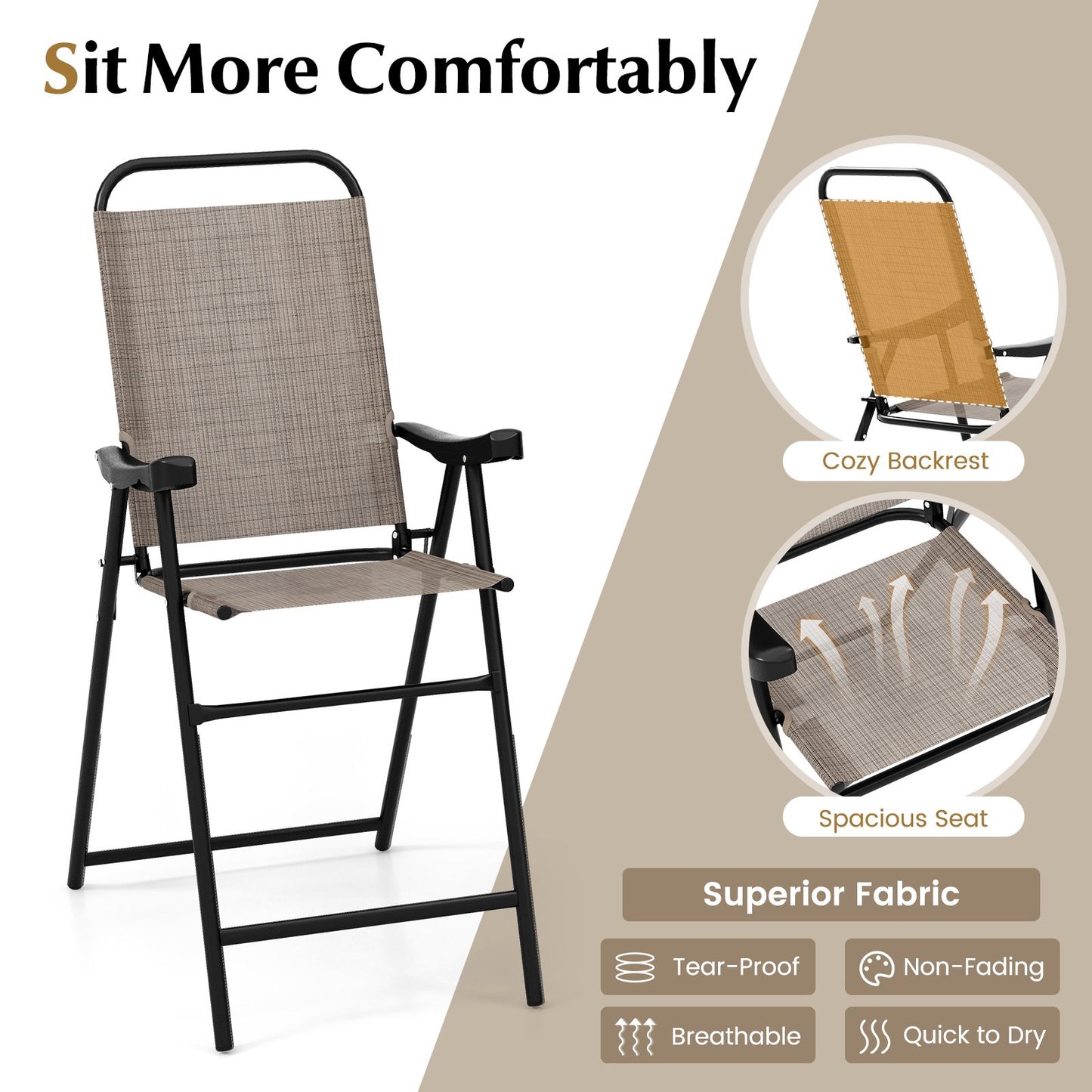 Patio Folding Bar Stool Set of 4 with Metal Frame and Footrest, Coffee at Gallery Canada