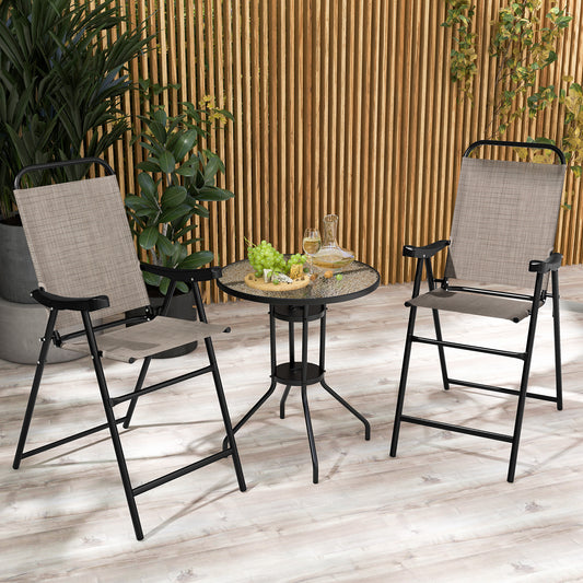 Patio Folding Bar Stool Set, Metal Frame With Footrest, Coffee