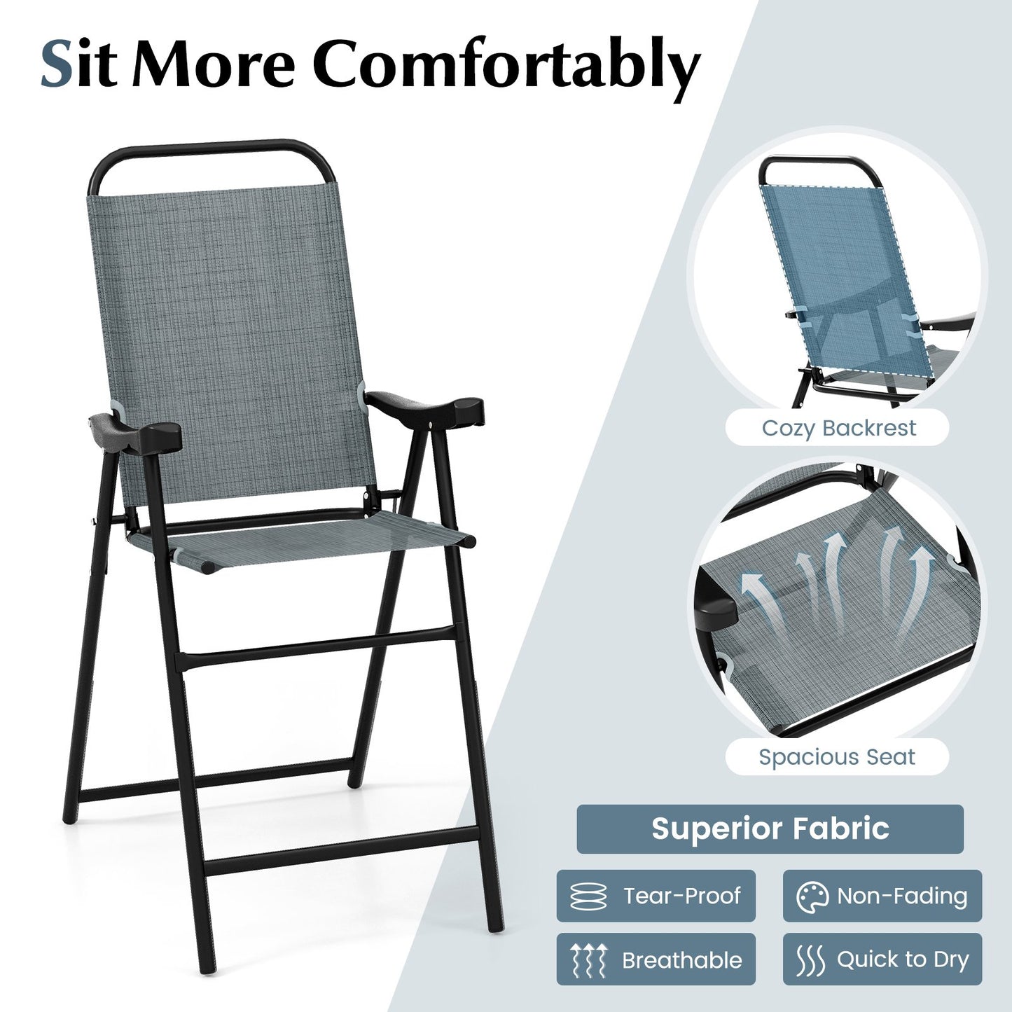 Patio Folding Bar Stool Set of 2 with Metal Frame and Footrest, Blue at Gallery Canada