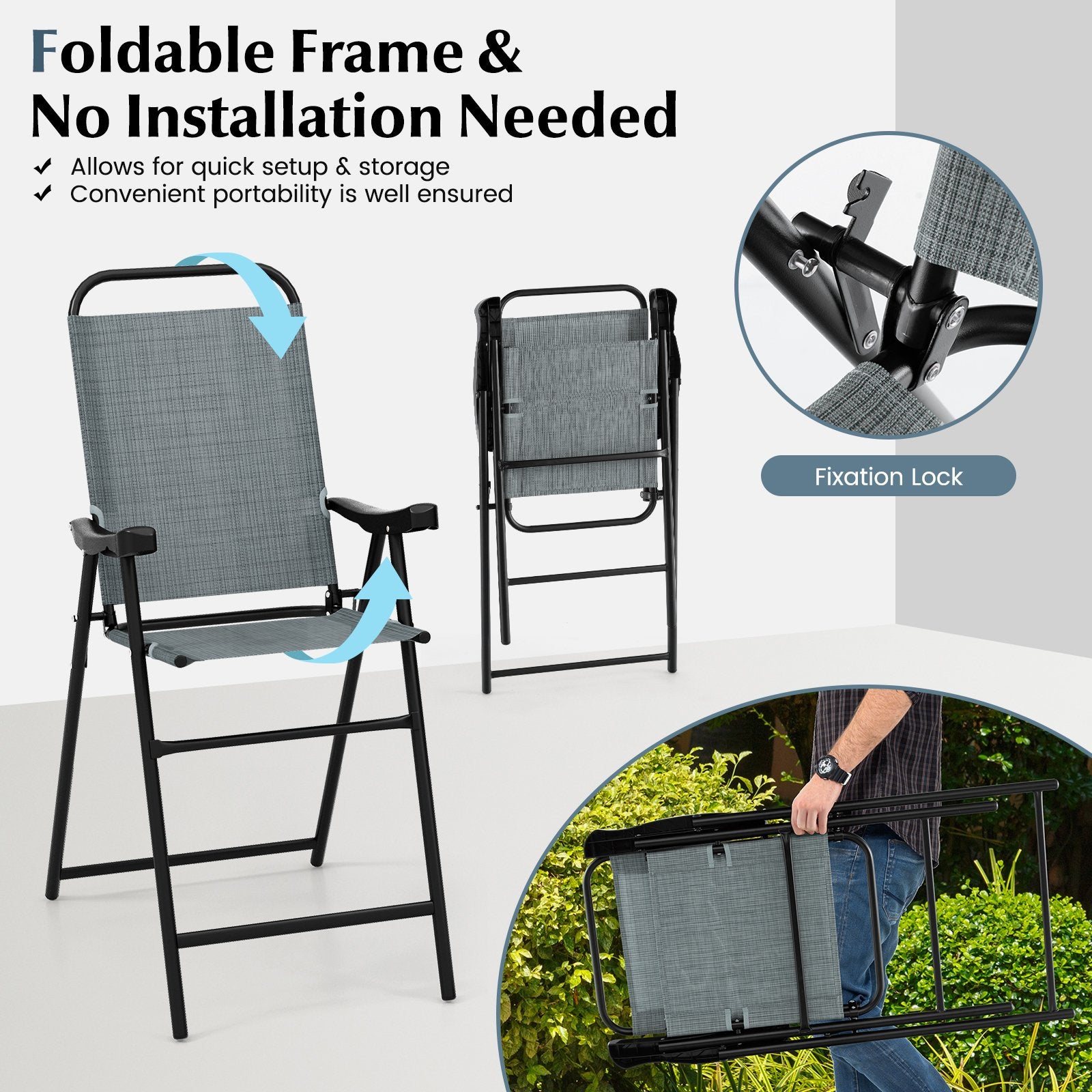 Patio Folding Bar Stool Set of 4 with Metal Frame and Footrest, Blue at Gallery Canada