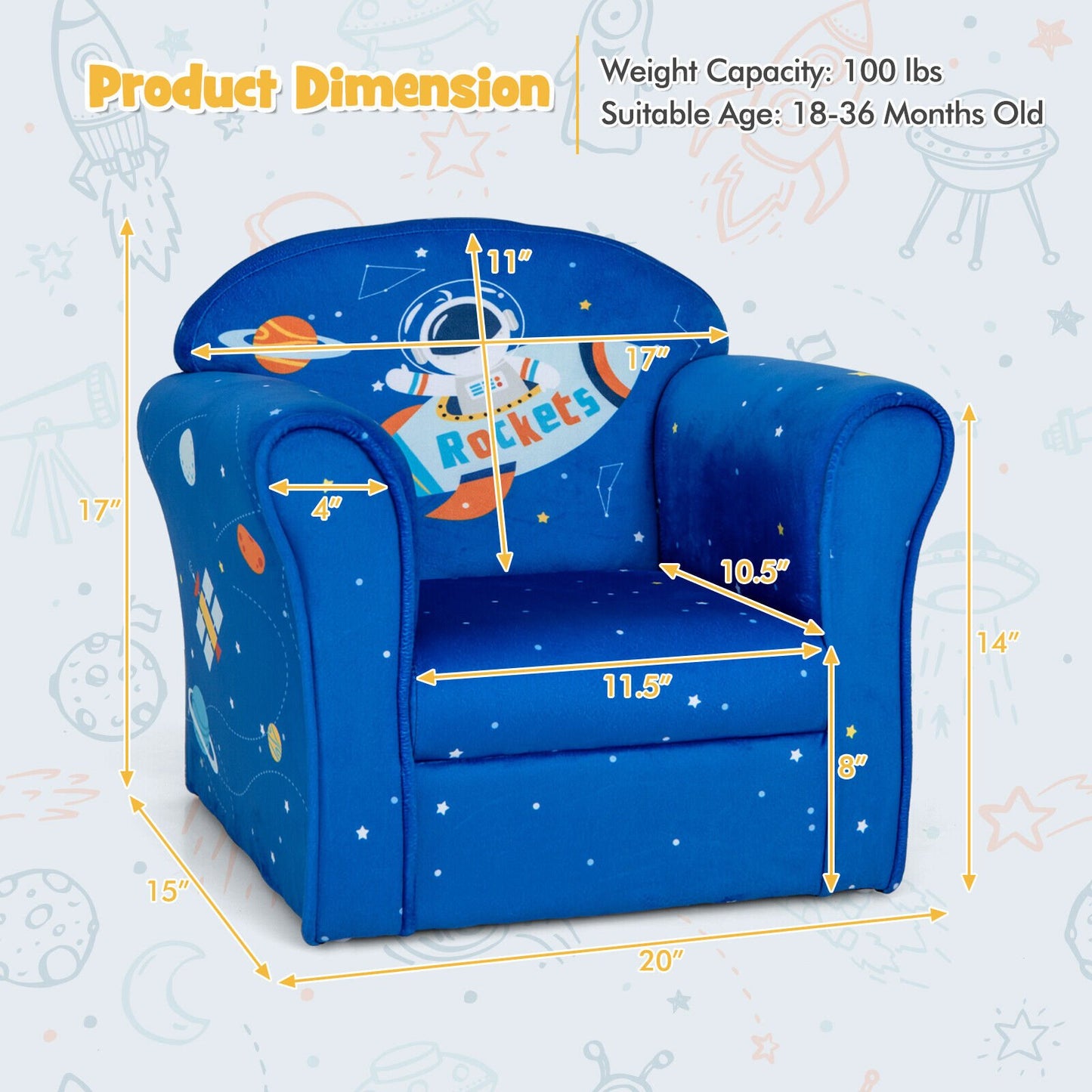 Toddler Upholstered Armchair with Solid Wooden Frame and High-density Sponge Filling, Blue at Gallery Canada