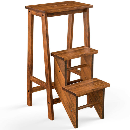 3-in-1 Rubber Wood 3 Tier Folding Step Stool Ladder Storage Shelf, Natural at Gallery Canada