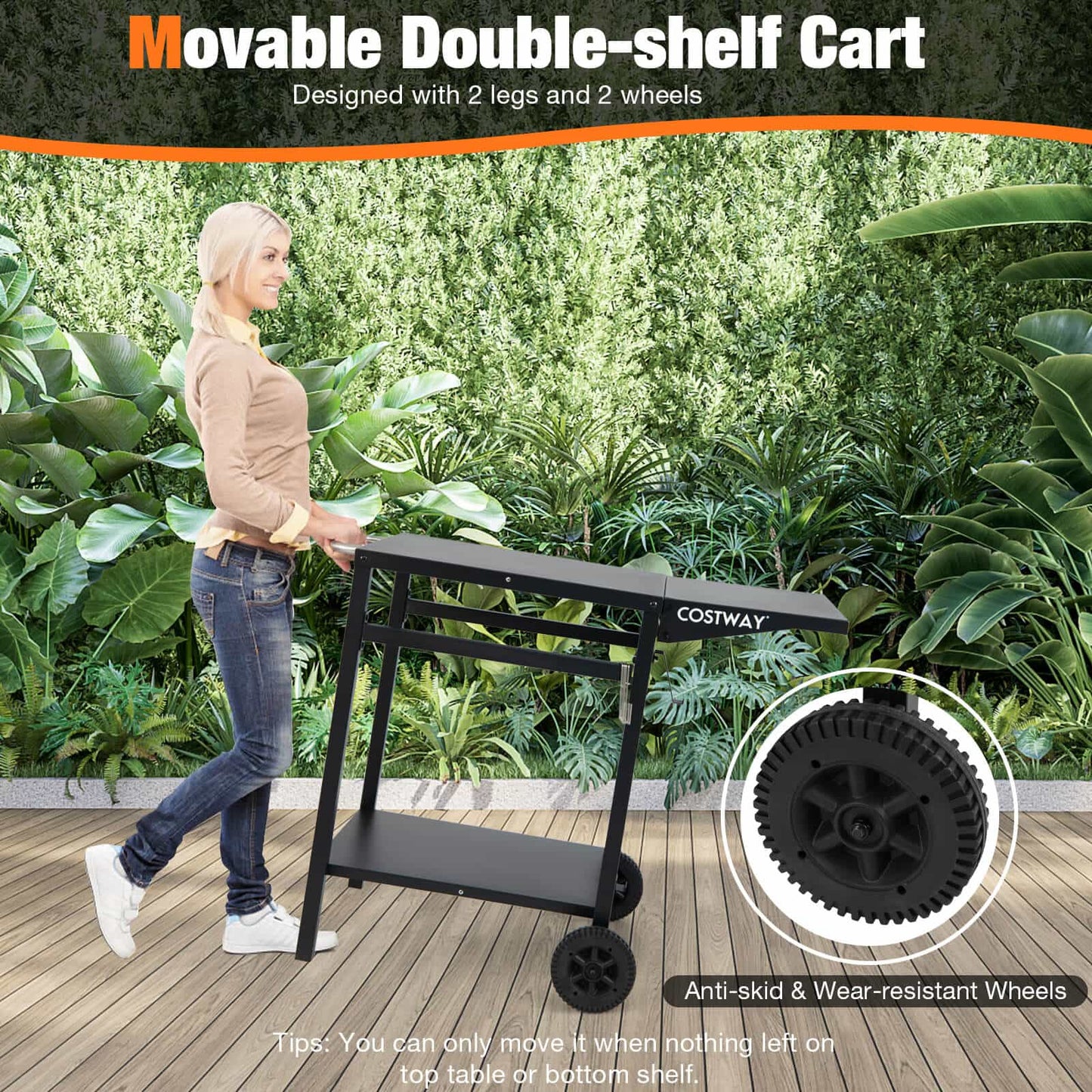 Movable Outdoor Grill Cart with Folding Tabletop and Hooks, Black