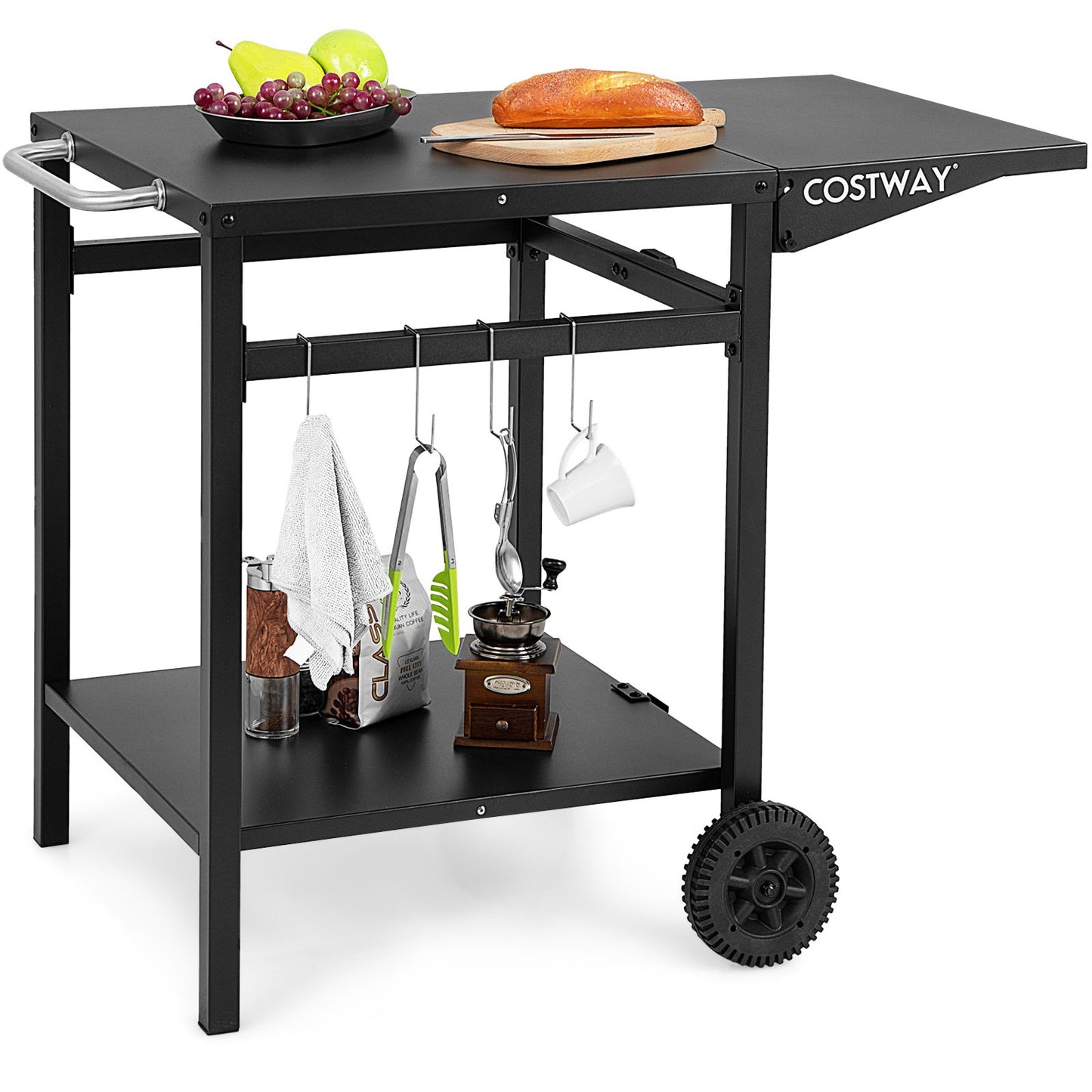 Movable Outdoor Grill Cart with Folding Tabletop and Hooks, Black