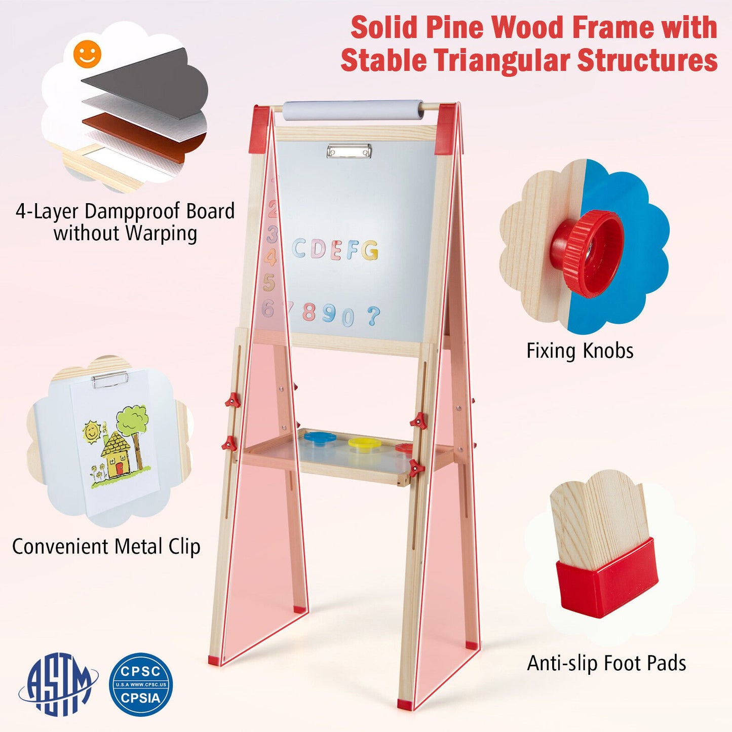 3-in-1 Double-Sided Adjustable Kid Easel for 3-8 Years Old Toddlers, Multicolor