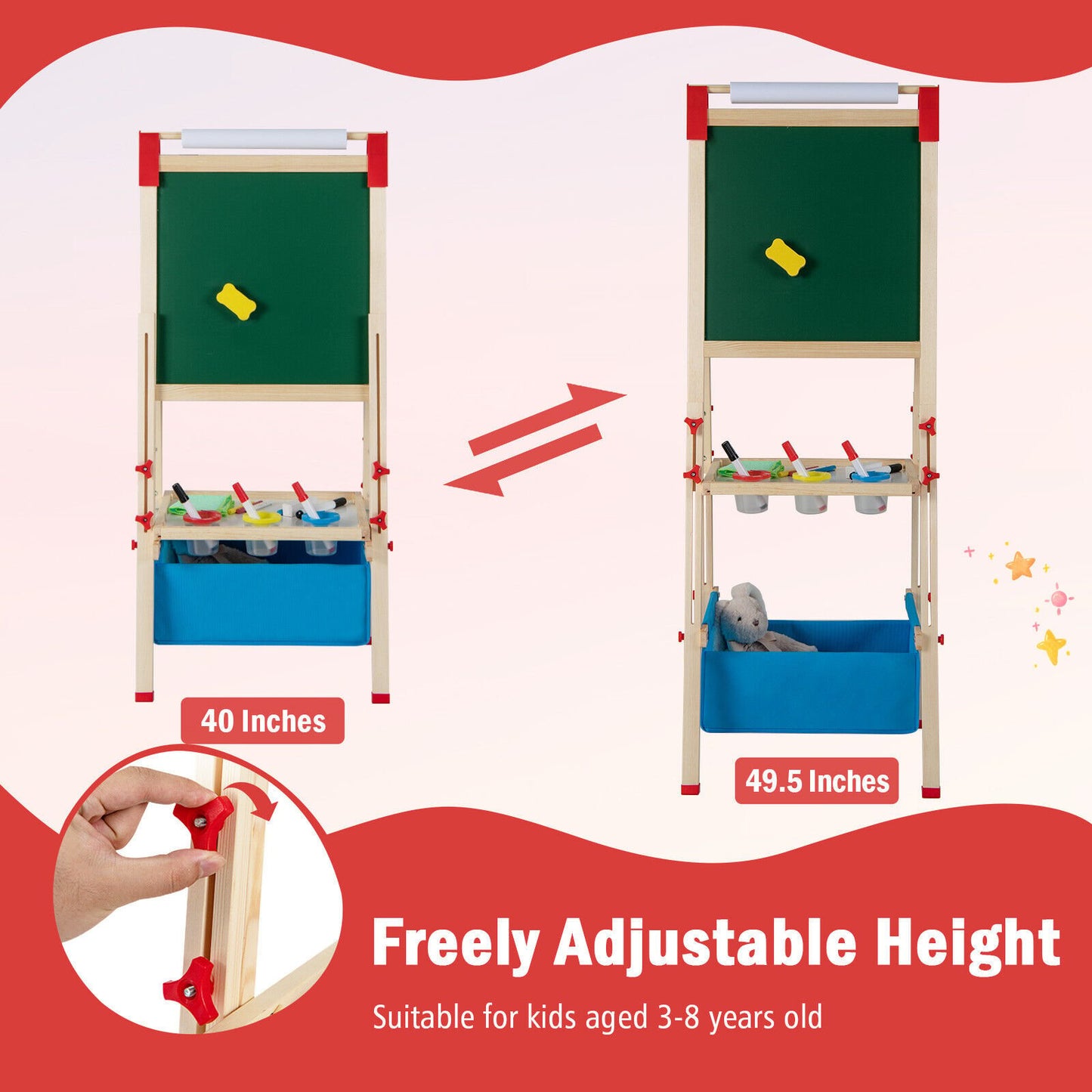 3-in-1 Double-Sided Adjustable Kid Easel for 3-8 Years Old Toddlers, Multicolor