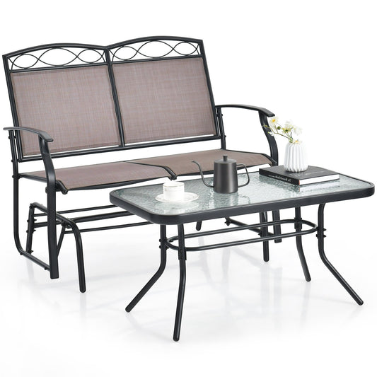 Outdoor Gliding Loveseat Chair with Tempered Glass Coffee Table-2 Pieces, Brown
