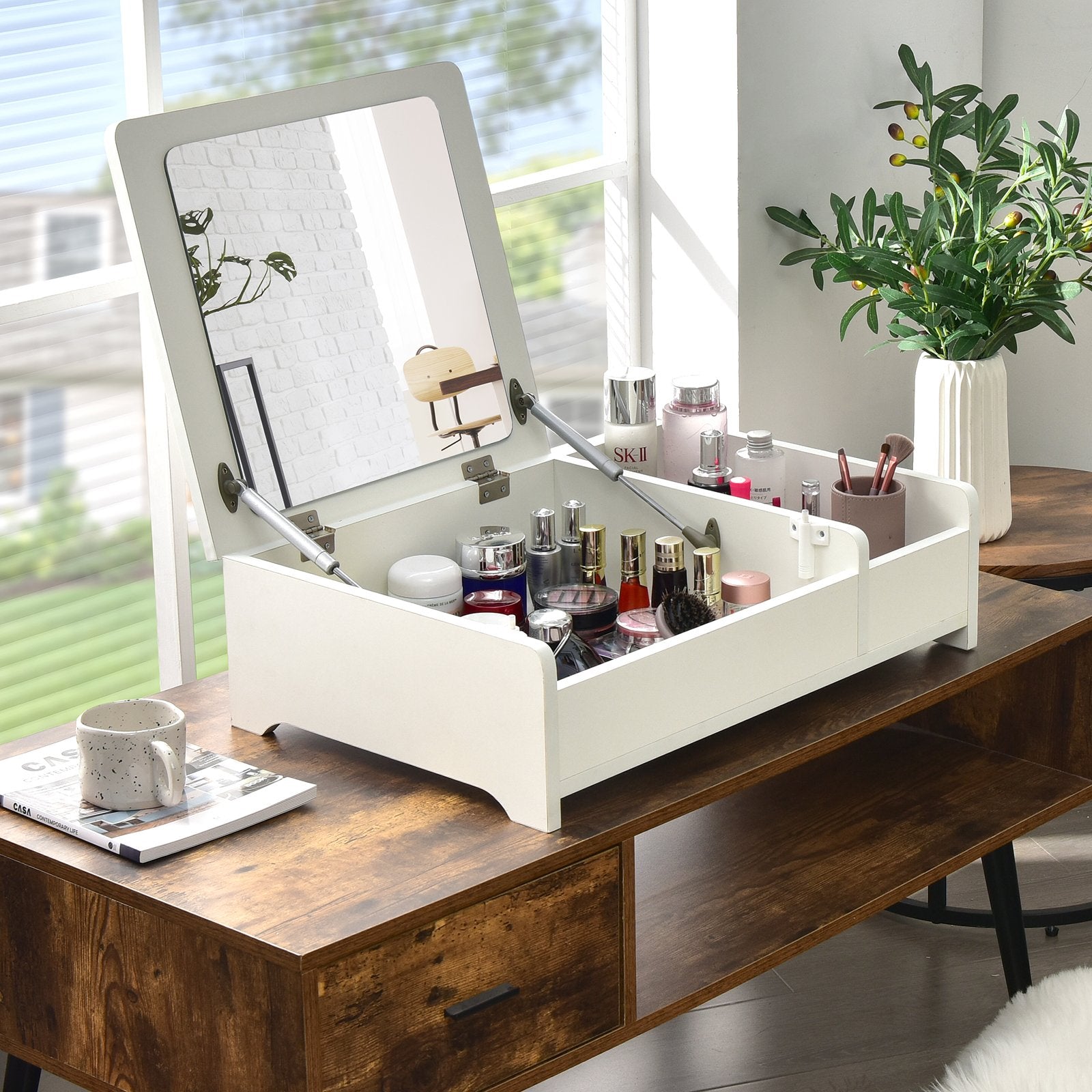 Compact Bay Window Makeup Dressing Table with Flip-Top Mirror, White at Gallery Canada