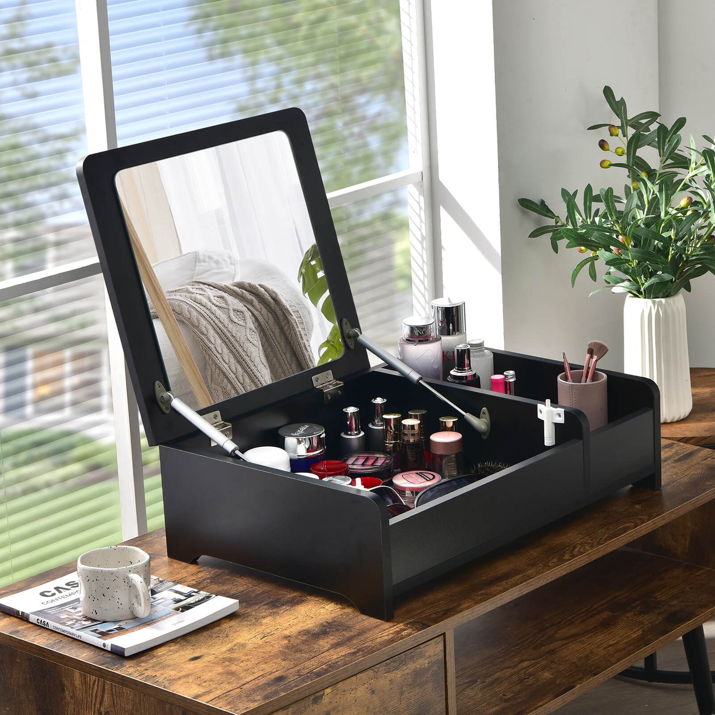Compact Bay Window Makeup Dressing Table with Flip-Top Mirror, Black at Gallery Canada