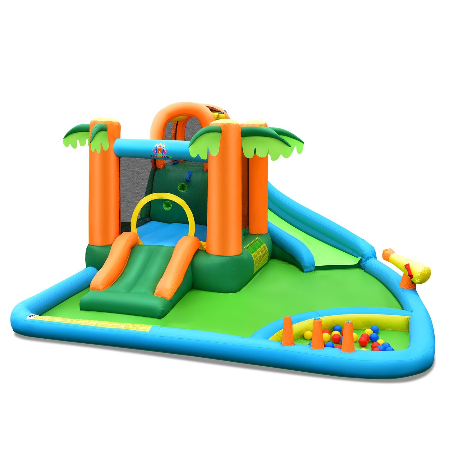 7-in-1 Inflatable Water Slide Park with Trampoline Climbing and 750W Blower, Multicolor