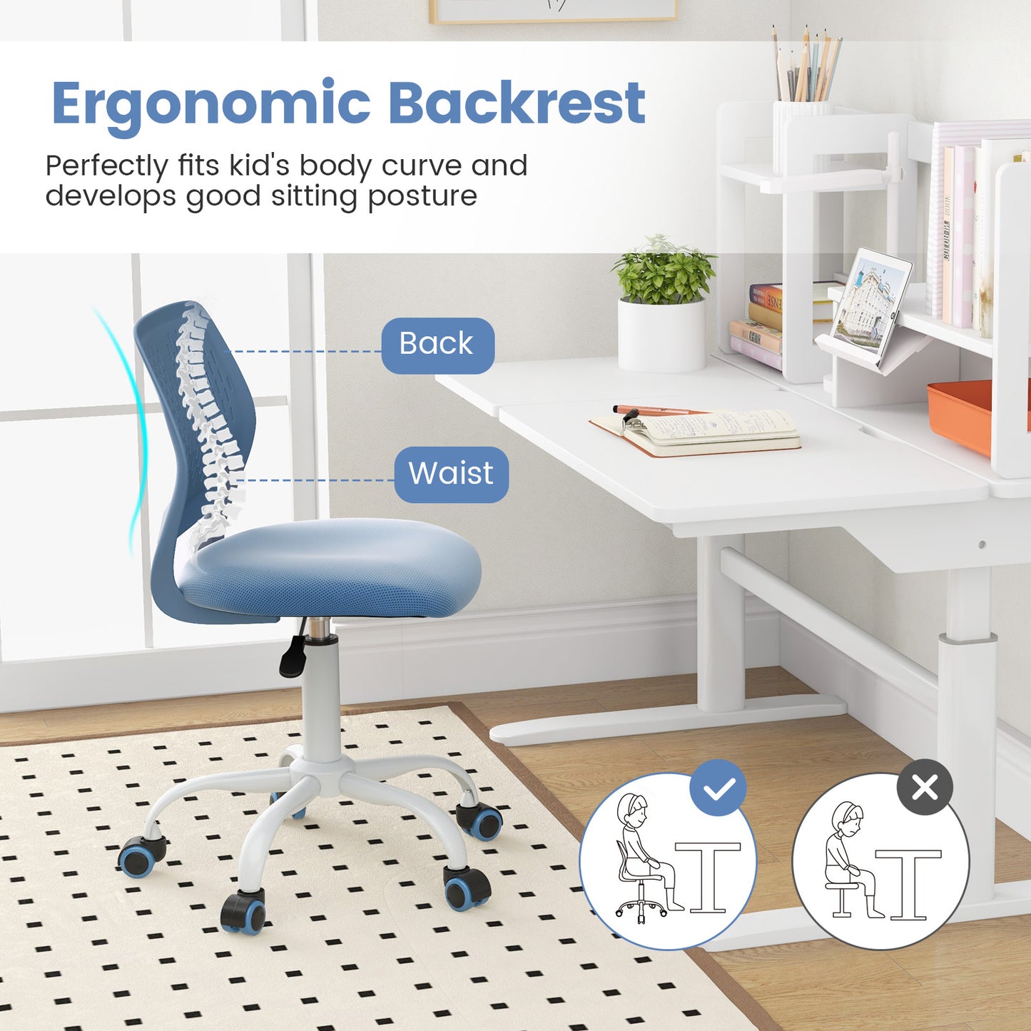 Ergonomic Children Study Chair, Adjustable Height, Blue