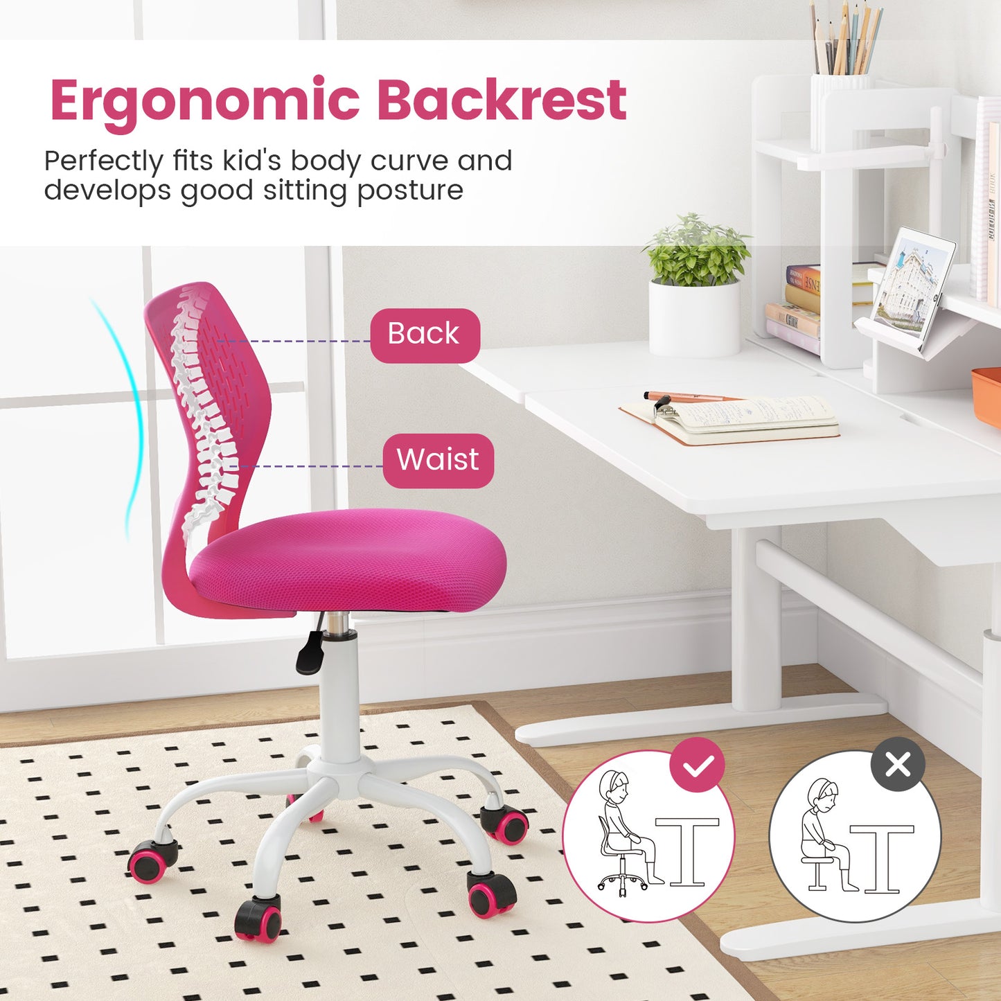 Adjustable Height Ergonomic Study Chair, Pink