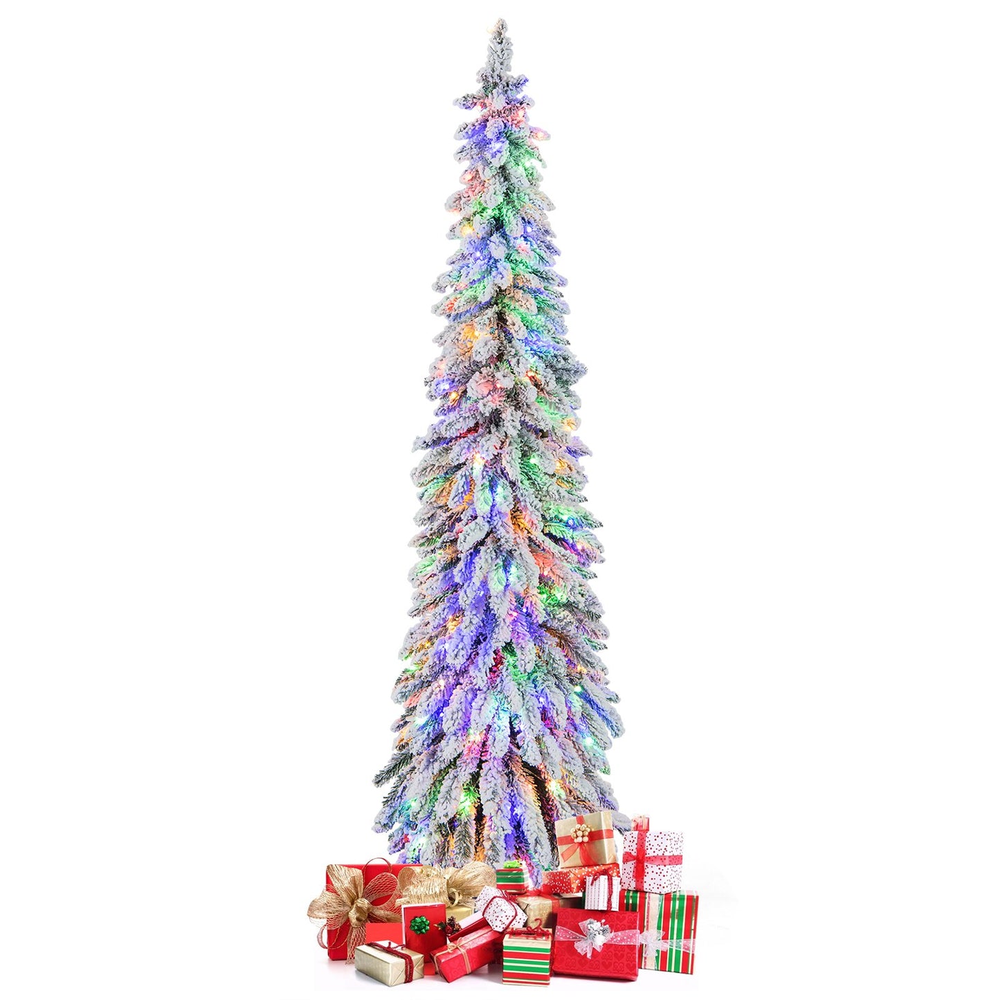 4/5/6 Feet Pre-Lit Artificial Christmas Tree Snow-Flocked Slim Pencil Xmas Decor-6 ft, White