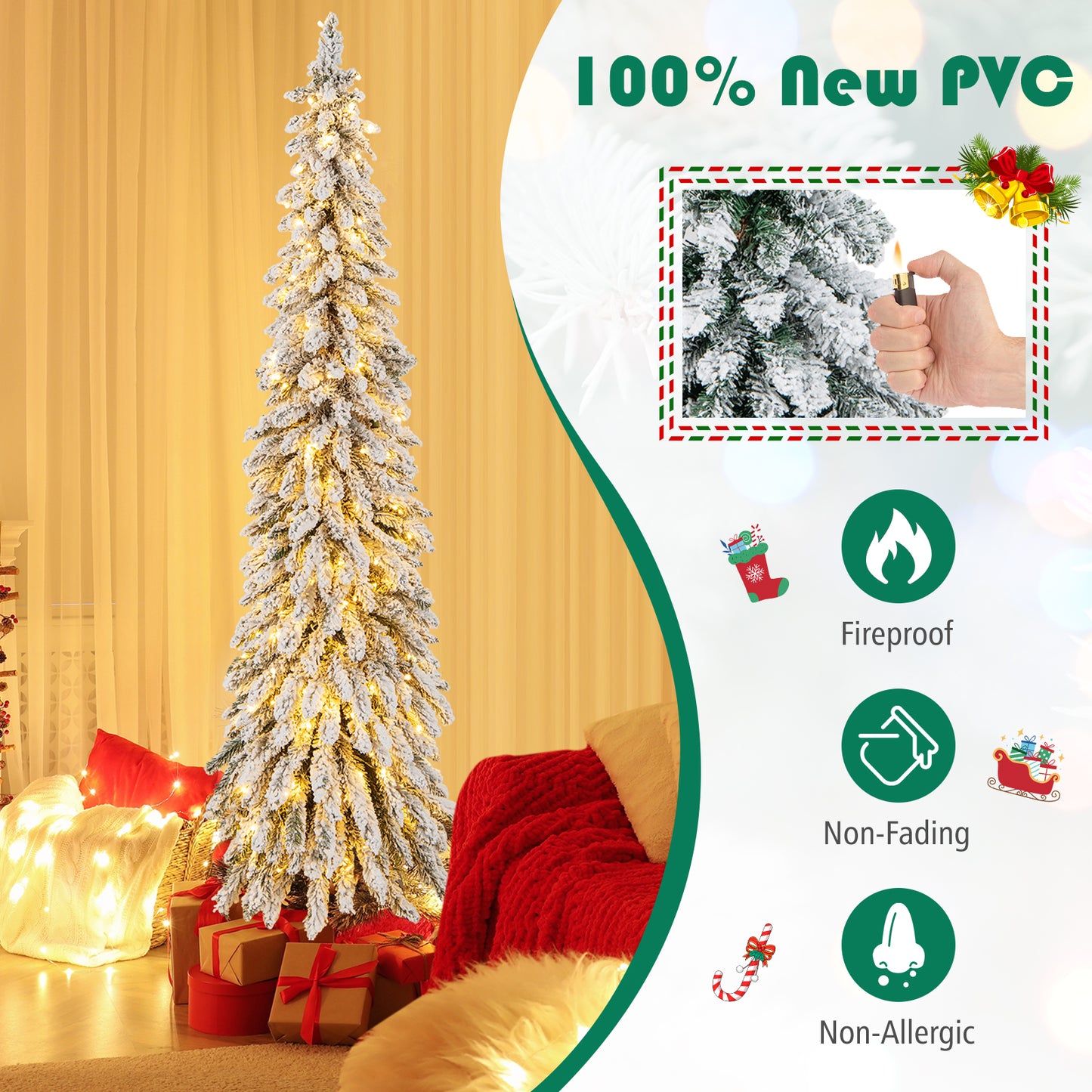 6 Ft Pre-Lit Snow Flocked Artificial Slim Pencil Christmas Tree, White Christmas Tree at Gallery Canada