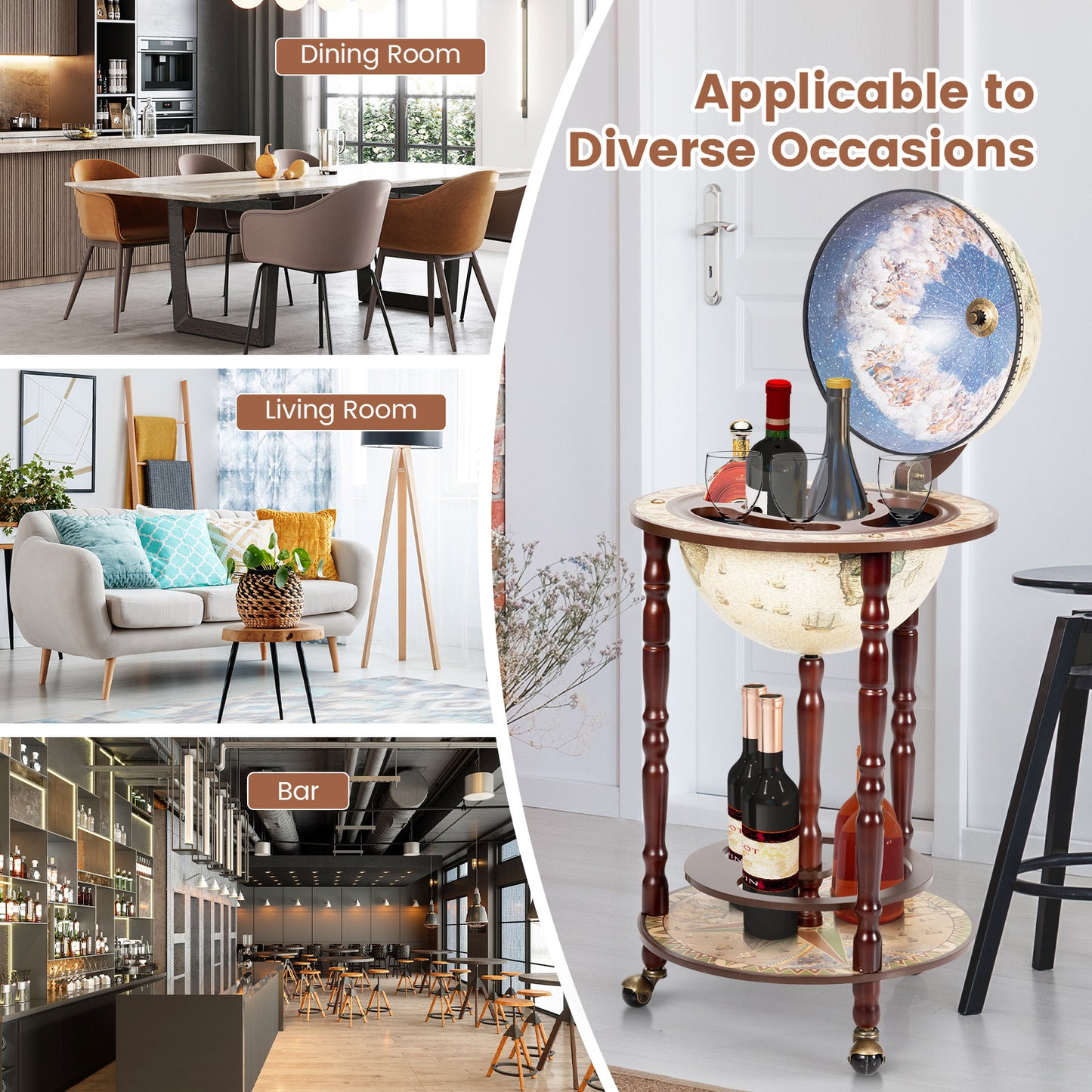 17 Inch Italian Style Design Wooden Globe Liquor Bottle Wine Rack with Wheels, White Wine Racks at Gallery Canada
