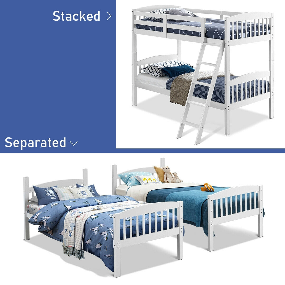 Hardwood Twin Bunk Beds with Individual Kid Bed Ladder, White Bunk Bed Frame at Gallery Canada
