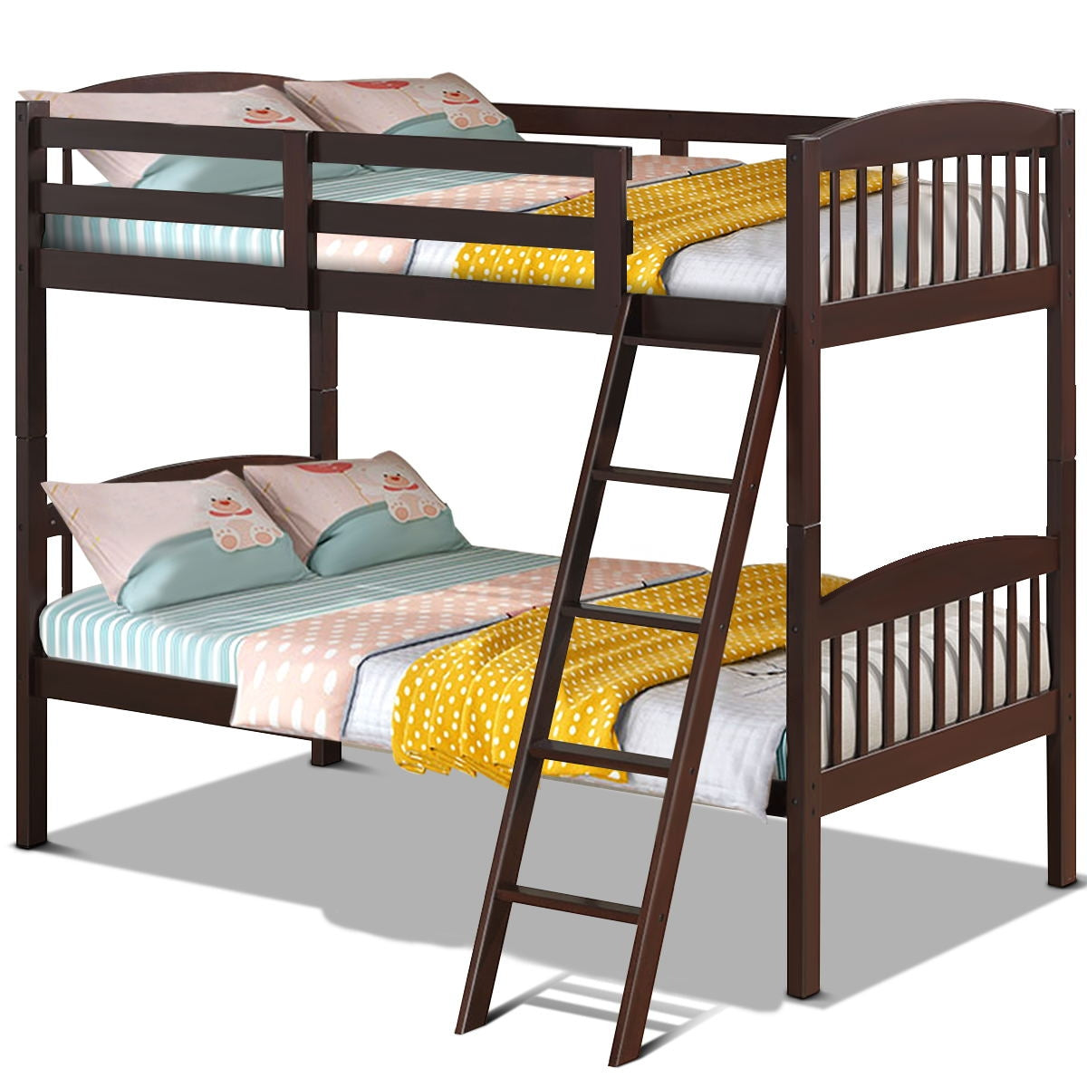 Solid Wood Twin Bunk Bed, Detachable Ladder, Brown