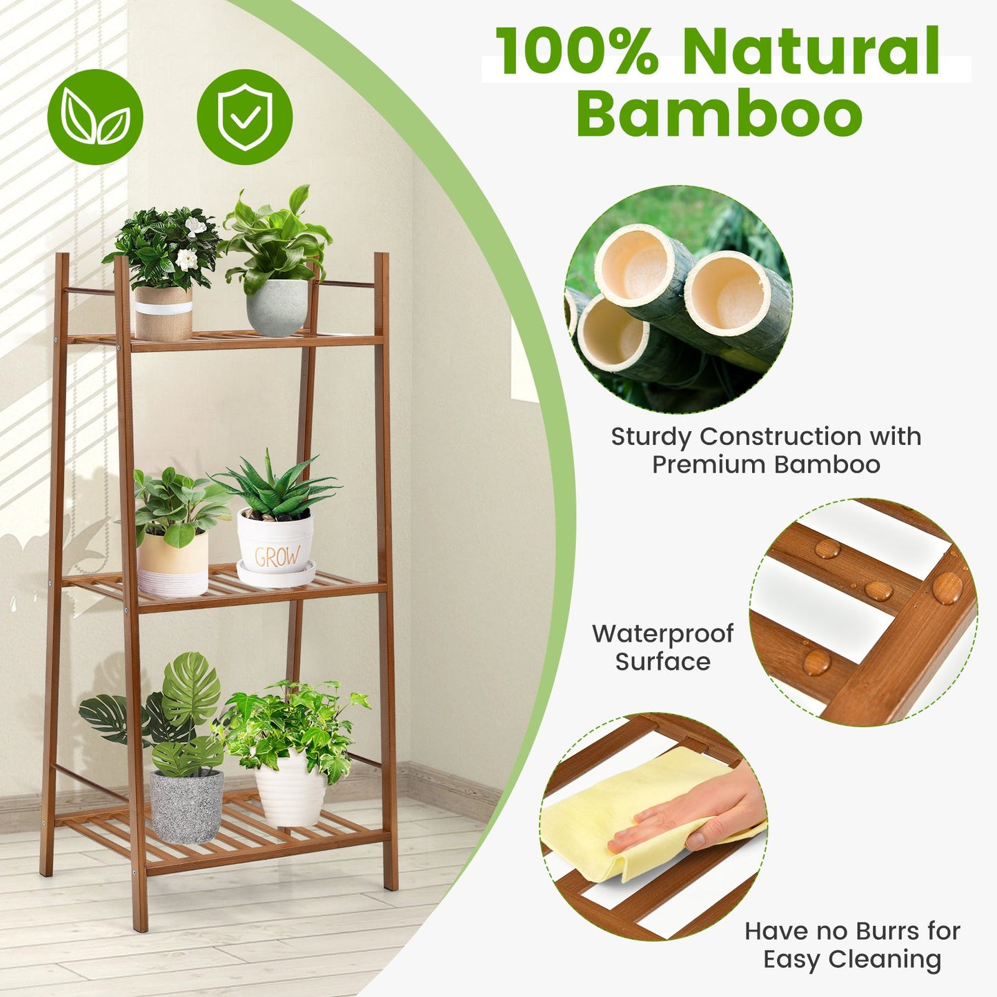 3 Tiers Vertical Bamboo Plant Stand, Brown