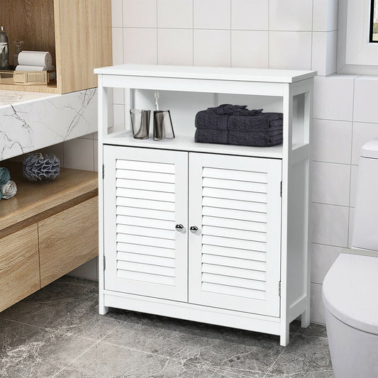 Wood Freestanding Bathroom Storage Cabinet, Double Shutter Door, White Floor Cabinets White at Gallery Canada