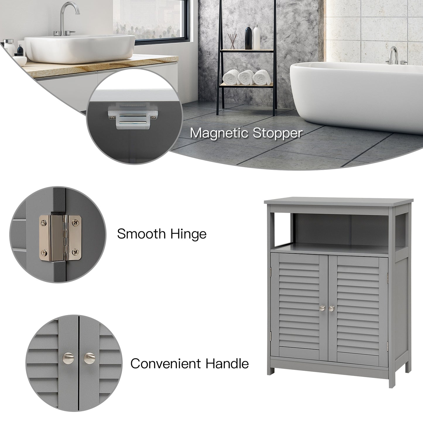 Wood Freestanding Bathroom Storage Cabinet with Double Shutter Door, Gray Floor Cabinets at Gallery Canada