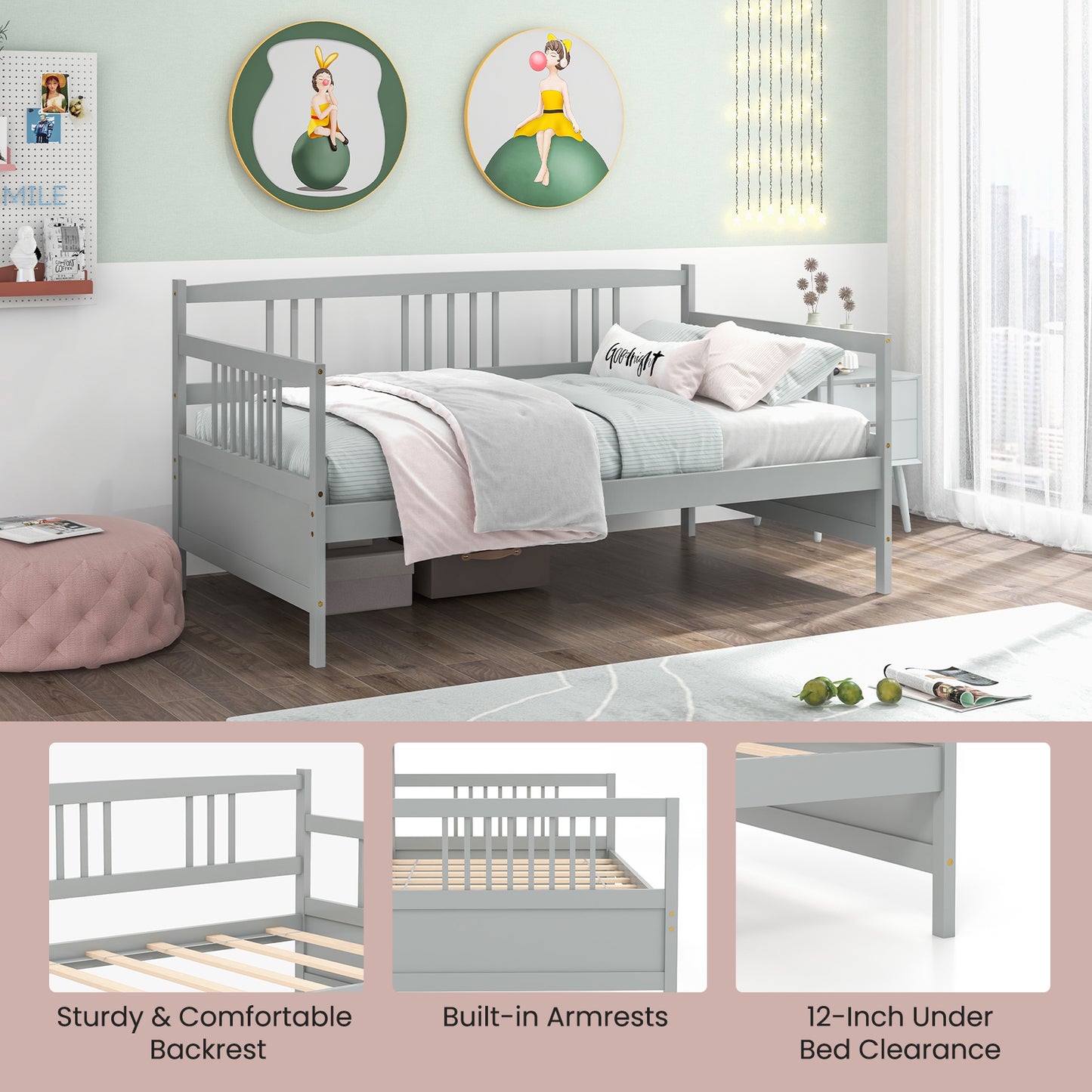 Twin Size Wooden Slats Daybed Bed with Rails, Gray Trundle Bed Frame at Gallery Canada