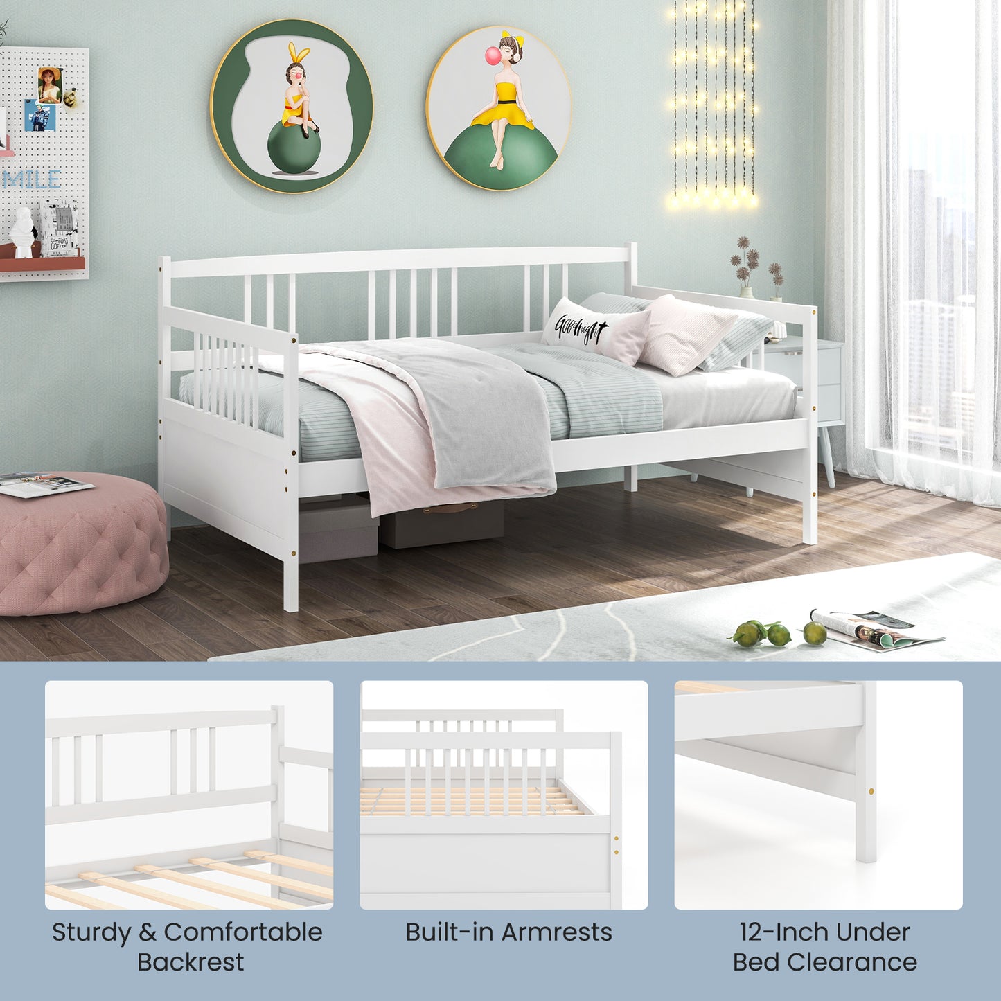 Twin Size Wooden Slats Daybed With Rails, White