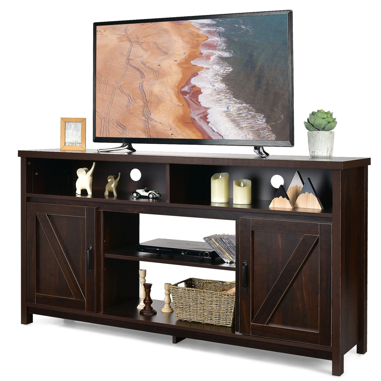 59 Inch TV Stand Media Center Console Cabinet with Barn Door for TV's 65 Inch, Brown Entertainment Centers & TV Stands at Gallery Canada