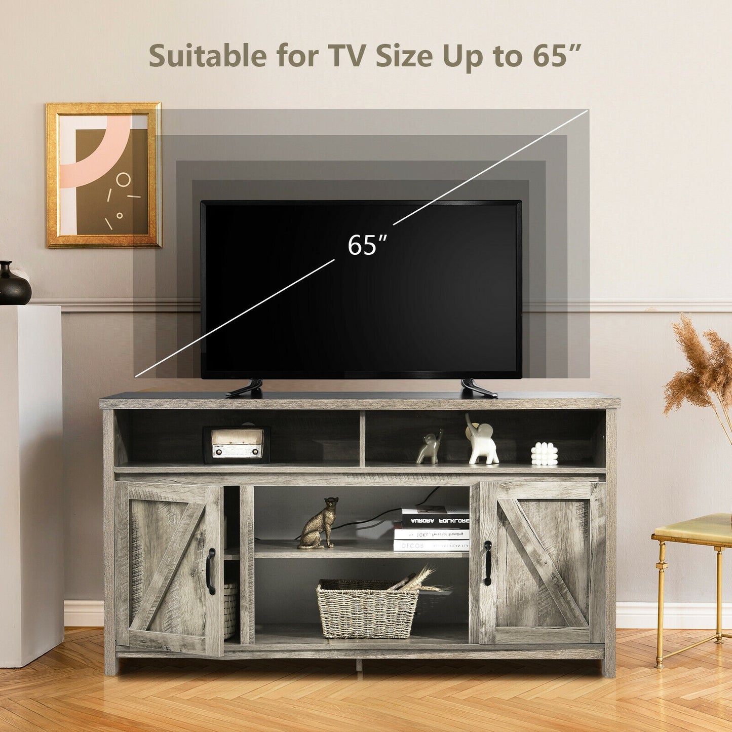 59 Inch TV Stand, Barn Door Cabinet, 65 Inch, Natural Entertainment Centers & TV Stands at Gallery Canada