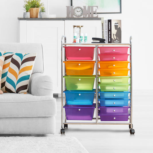 15 Drawers Rolling Storage Cart Organizer, Multicolor, Transparent