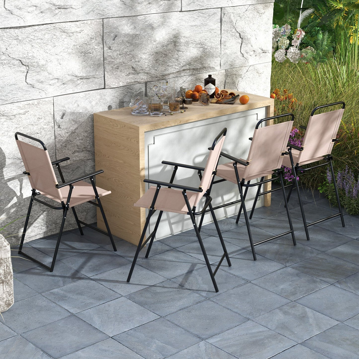 Set of 2 Patio Folding Bar-Height Chairs with Armrests and Quick-Drying Seat, Beige at Gallery Canada