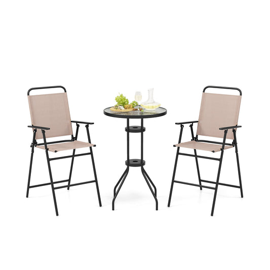 3 Pieces Outdoor Bistro Set with 2 Folding Chairs, Beige