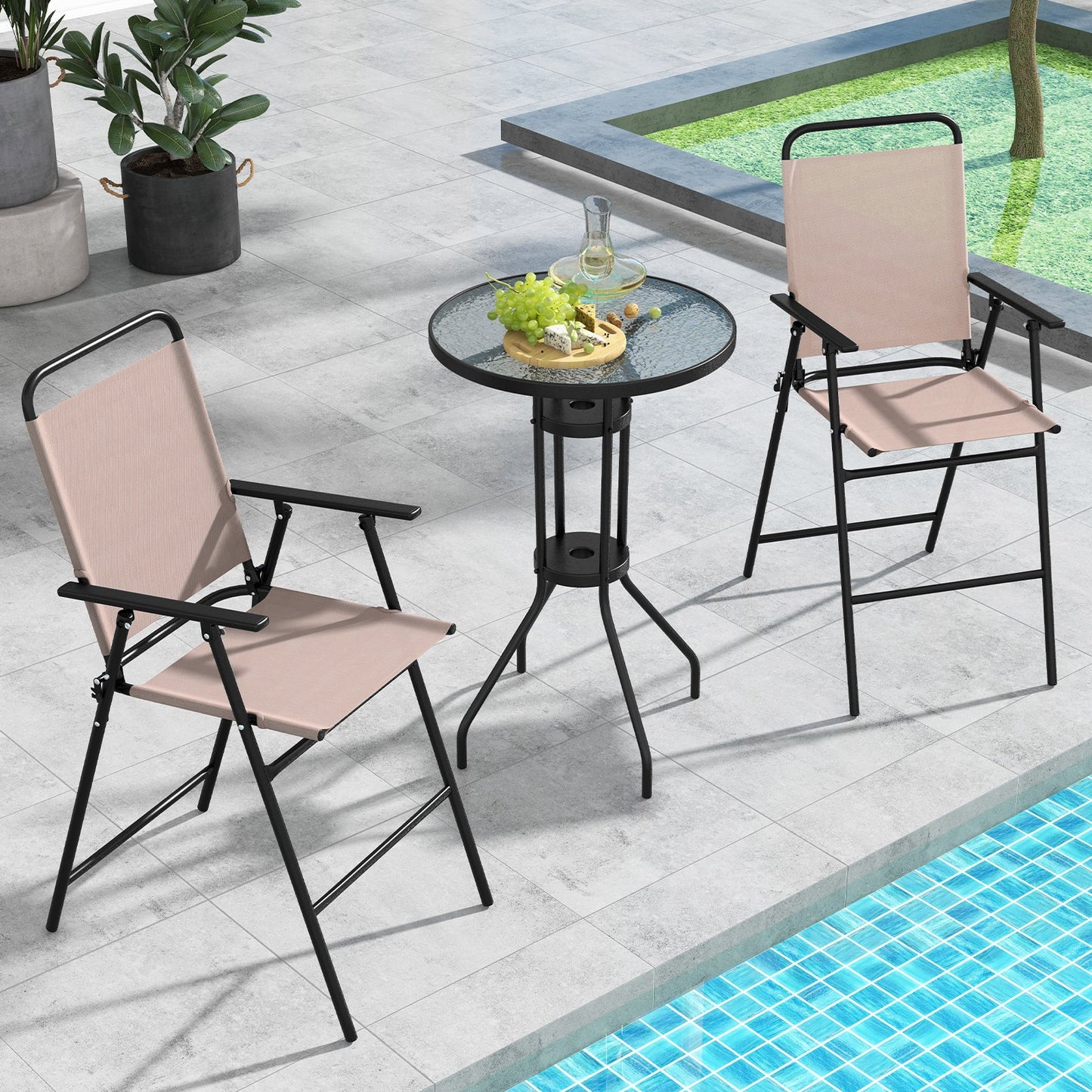 3 Pieces Outdoor Bistro Set with 2 Folding Chairs, Beige at Gallery Canada