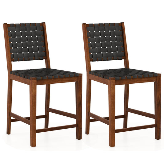 Set of 2 Woven Bar Stools with Faux PU Leather Straps, Black