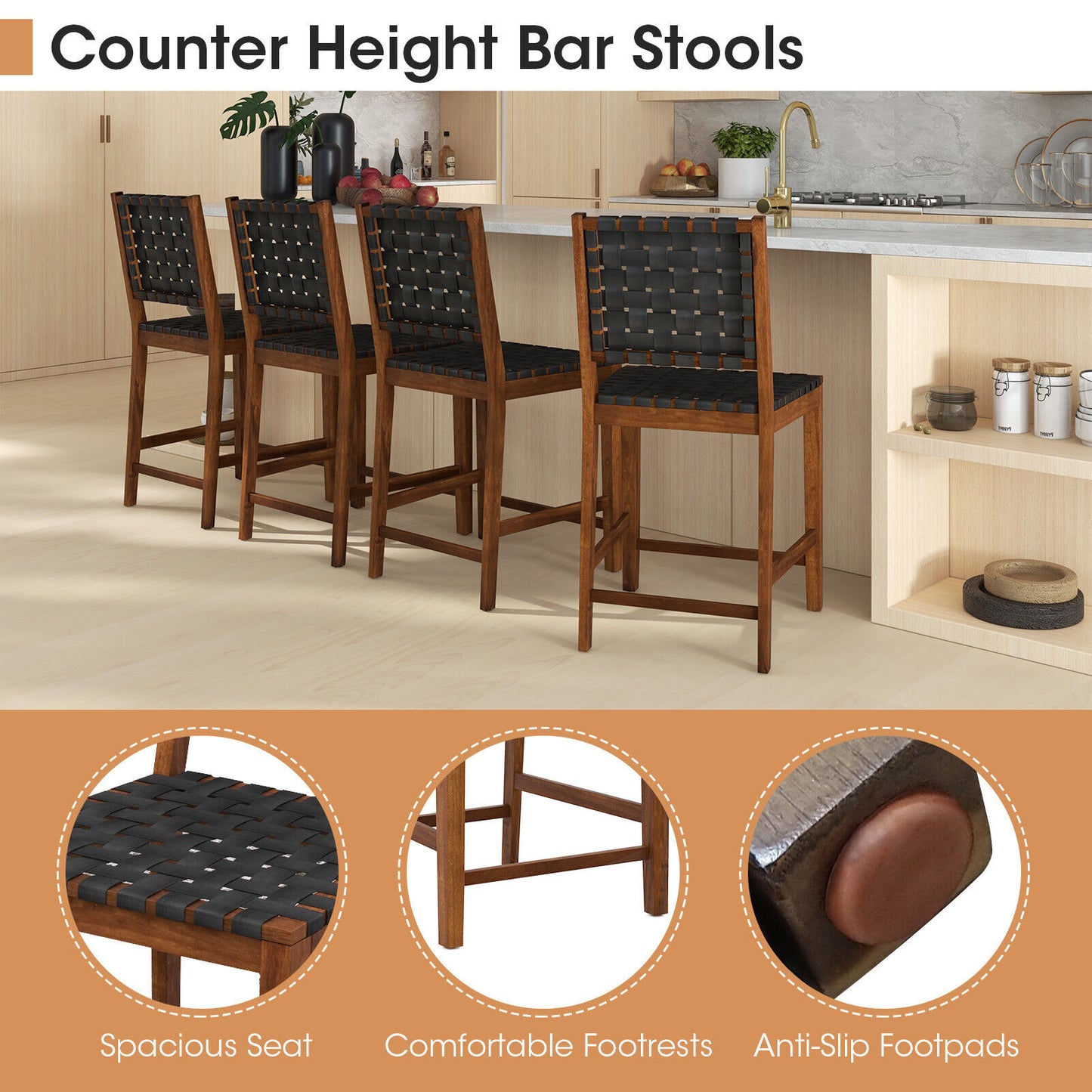 Set Of 2 Woven Bar Stools, Faux PU Leather Straps, Black Bar Stools at Gallery Canada