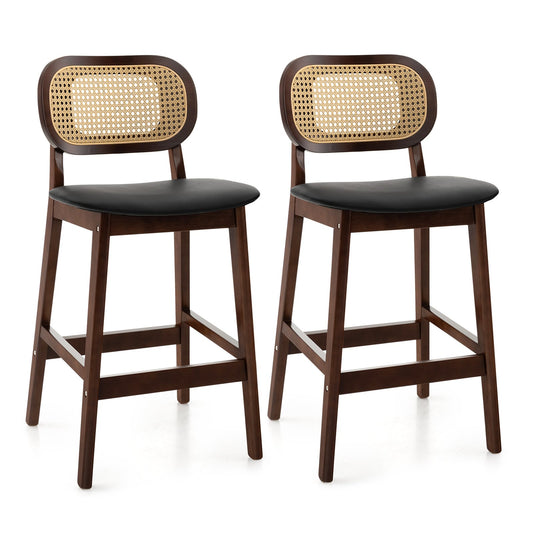 Wood Bar Chairs with PE Rattan Backrest  Padded Seat and Footrest, Brown