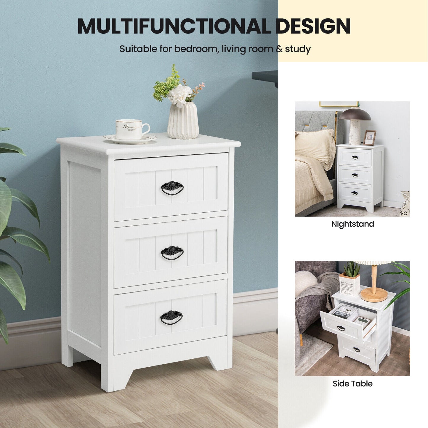 3-Drawer End Storage Wood Nightstand, White Nightstands at Gallery Canada
