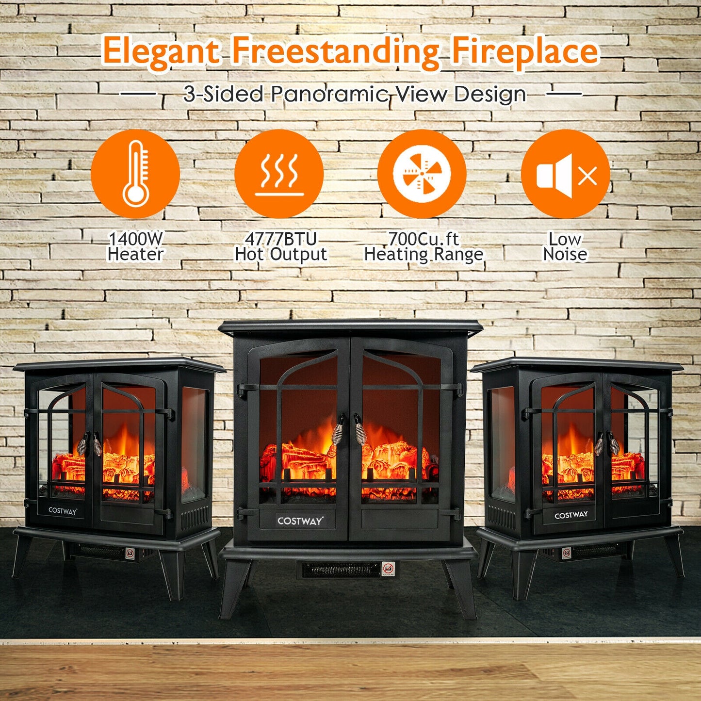 25 Inch Freestanding Electric Fireplace Heater with Realistic Flame effect, Black Fireplaces at Gallery Canada