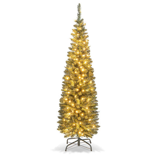 5/6/7/8/9 Feet Pre-lit Pencil Artificial Christmas Tree with 150/180/200//300/400 Warm White LED Lights-5 ft, Green