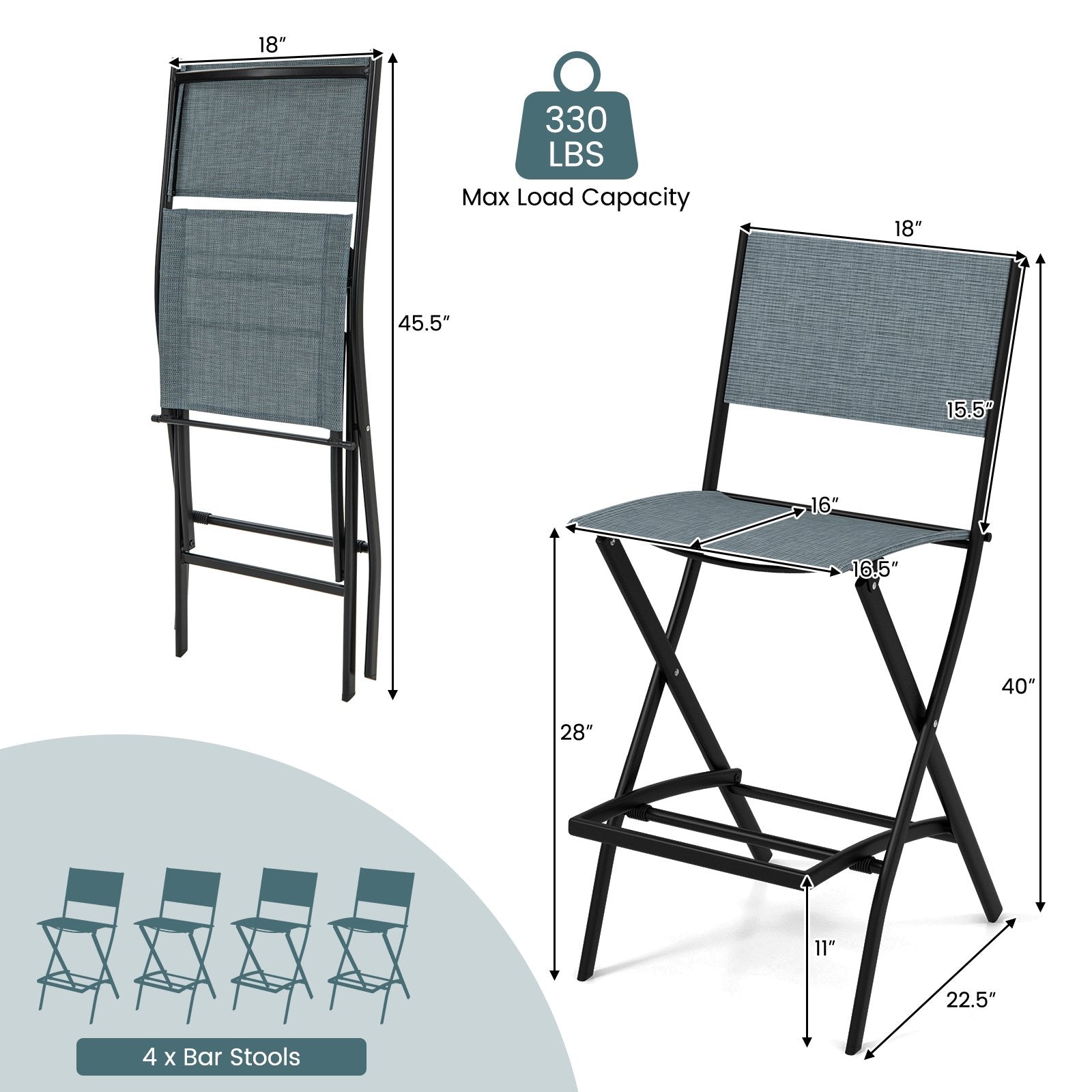 Outdoor Folding Bar Height Stool Set of 4 with Metal Frame and Footrest, Blue at Gallery Canada