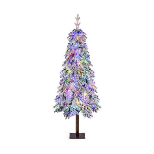 6 Feet Flocked Hinged Christmas Tree with 458 Branch Tips and Warm White LED Lights, Green