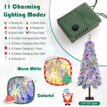 6 Feet Flocked Hinged Christmas Tree with 458 Branch Tips and Warm White LED Lights, Green