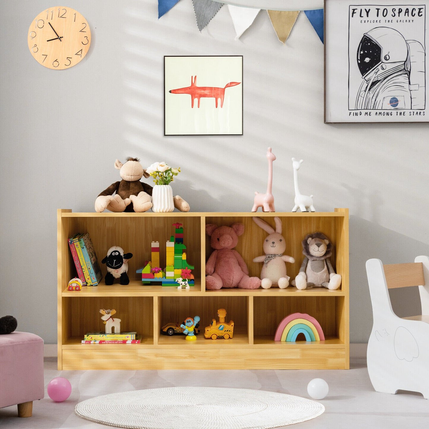 Kids 2-Shelf Bookcase 5-Cube Wood Toy Storage Cabinet Organizer, Beige