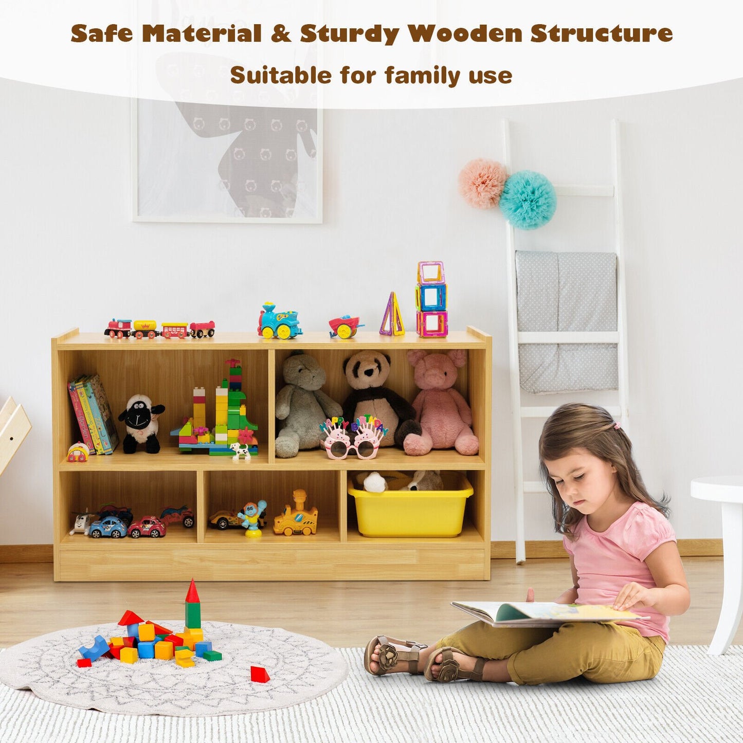 Kids 2-Shelf Bookcase 5-Cube Wood Toy Storage Cabinet Organizer, Beige