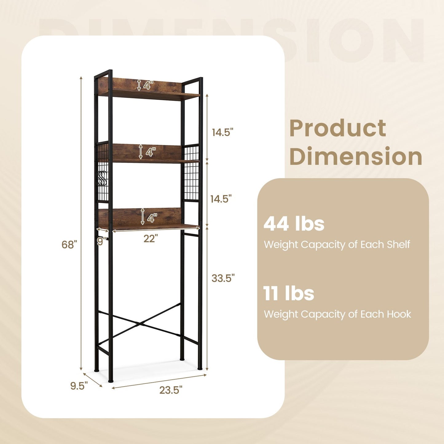 3-Tier Over-the-Toilet Storage Rack with 3 Hooks, Rustic Brown