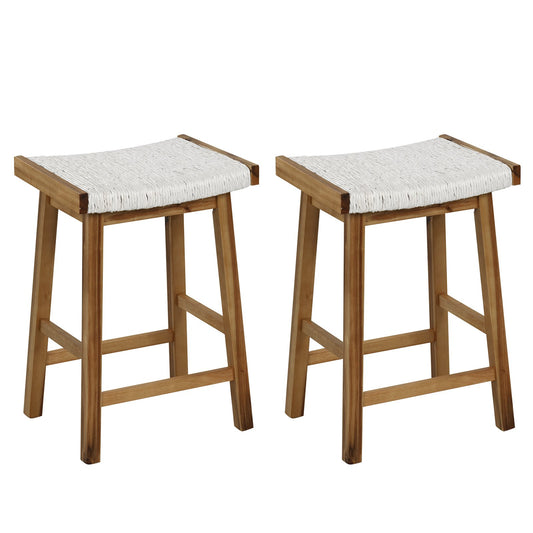 Set of 2 25.5 Inch Dining Bar Stool with Seaweed Woven Seat, Beige
