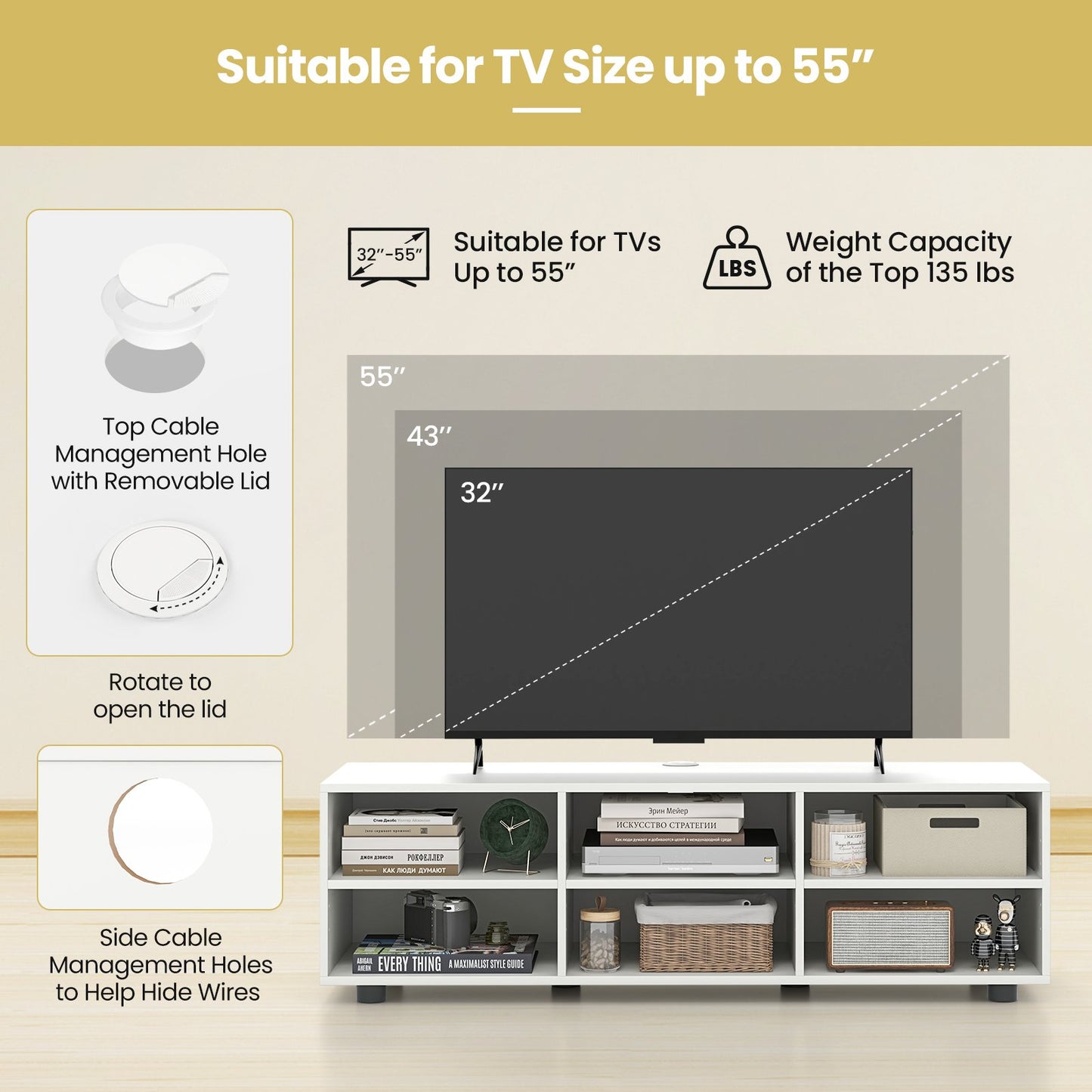 TV Stand for TV up to 55 Inch with 6 Storage Compartments, White
